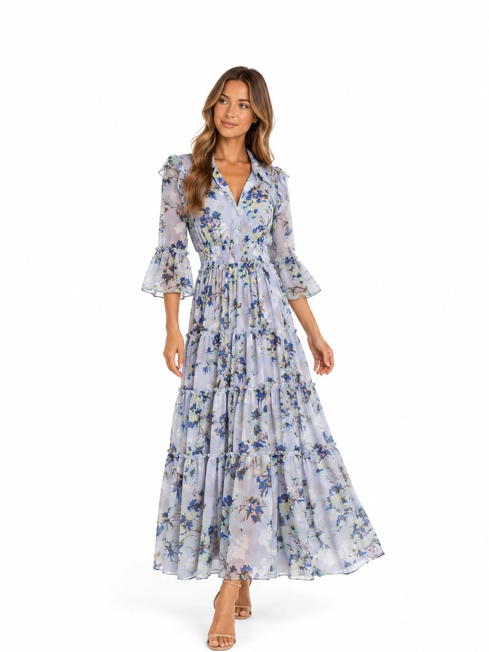 MISA Los Angeles Floral Tiered Maxi Dress – Blue Multi | Size XS | NWT
